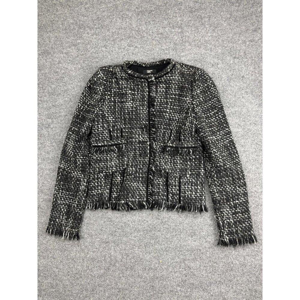 Philippe Adec Blazer Womens 6 Black Tweed Boucle Collarless Fringe Jacket